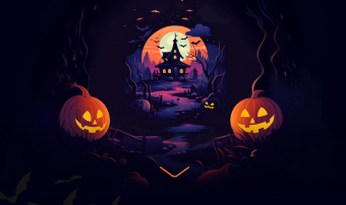 Haunted house under an orange moon with two glowing jack-o'-lanterns